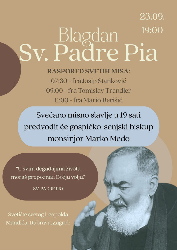 Blagdan sv. Padre Pia 2026. - raspored sv. misa